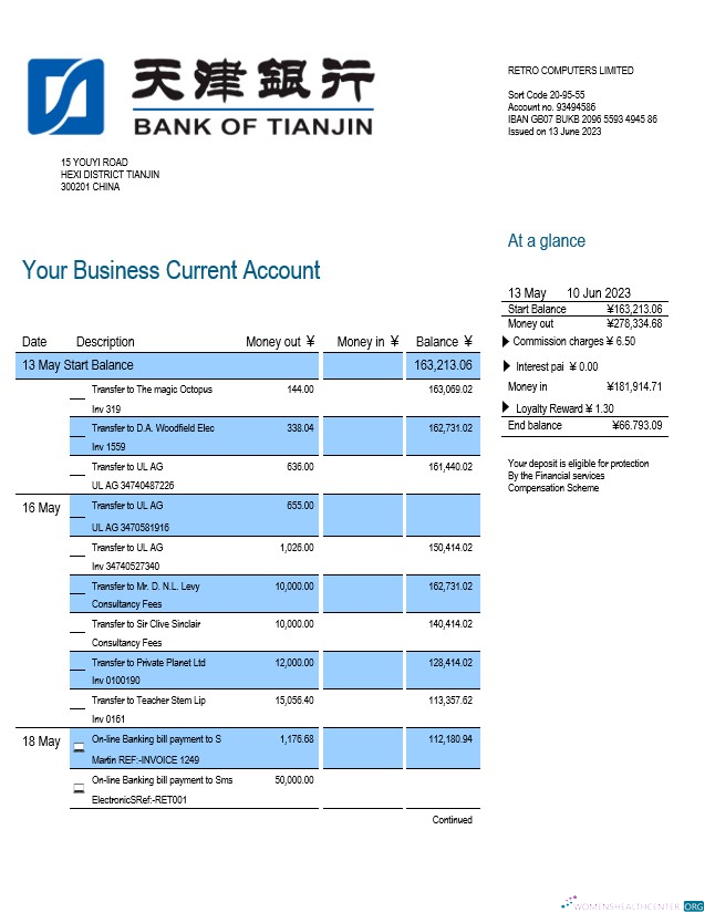 Download Bank of Tianjin business statement Word and PDF template Photoshop template